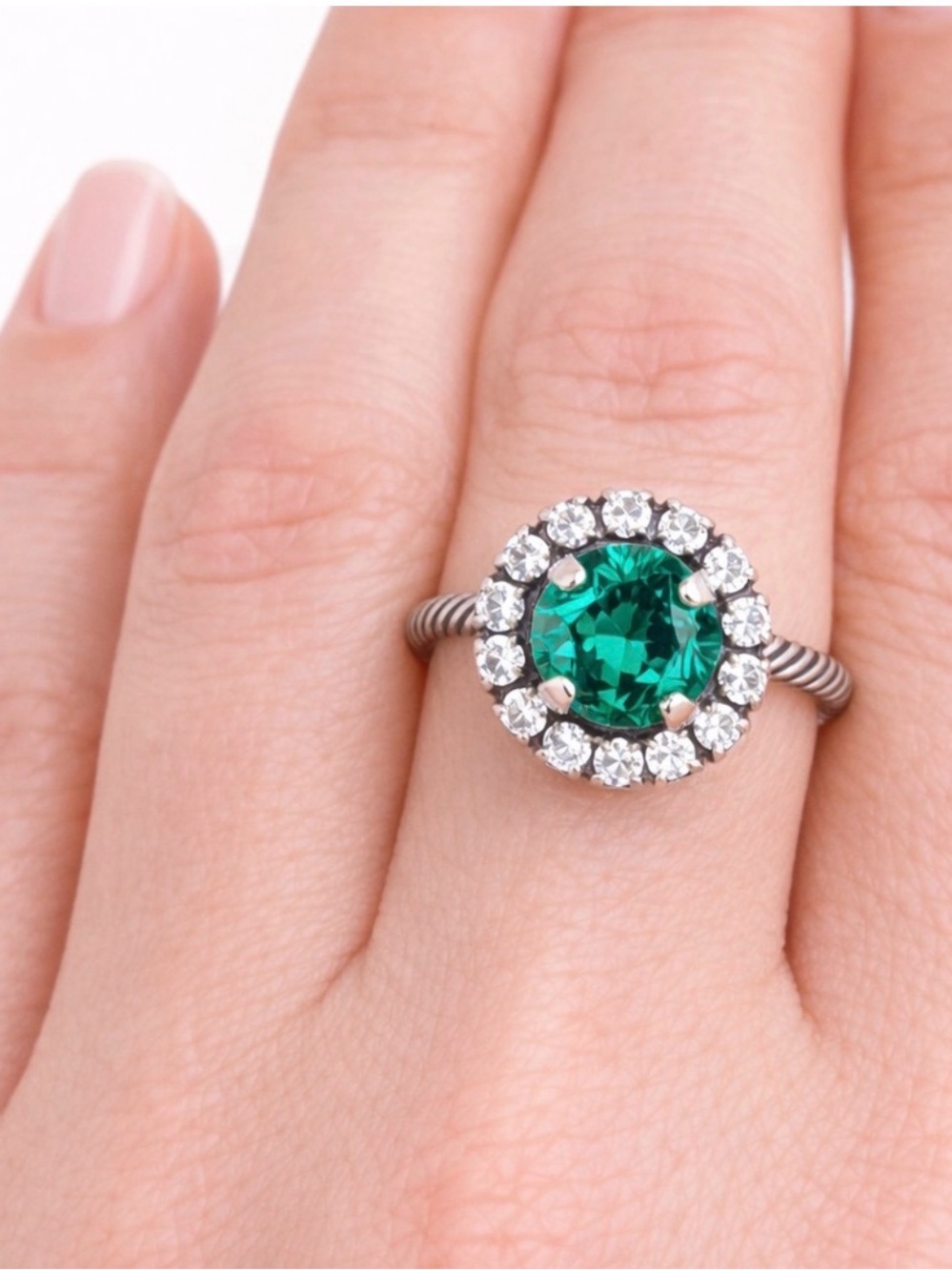 Emerald Green Crystal Halo Cocktail Ring Adjustable Silver Tone